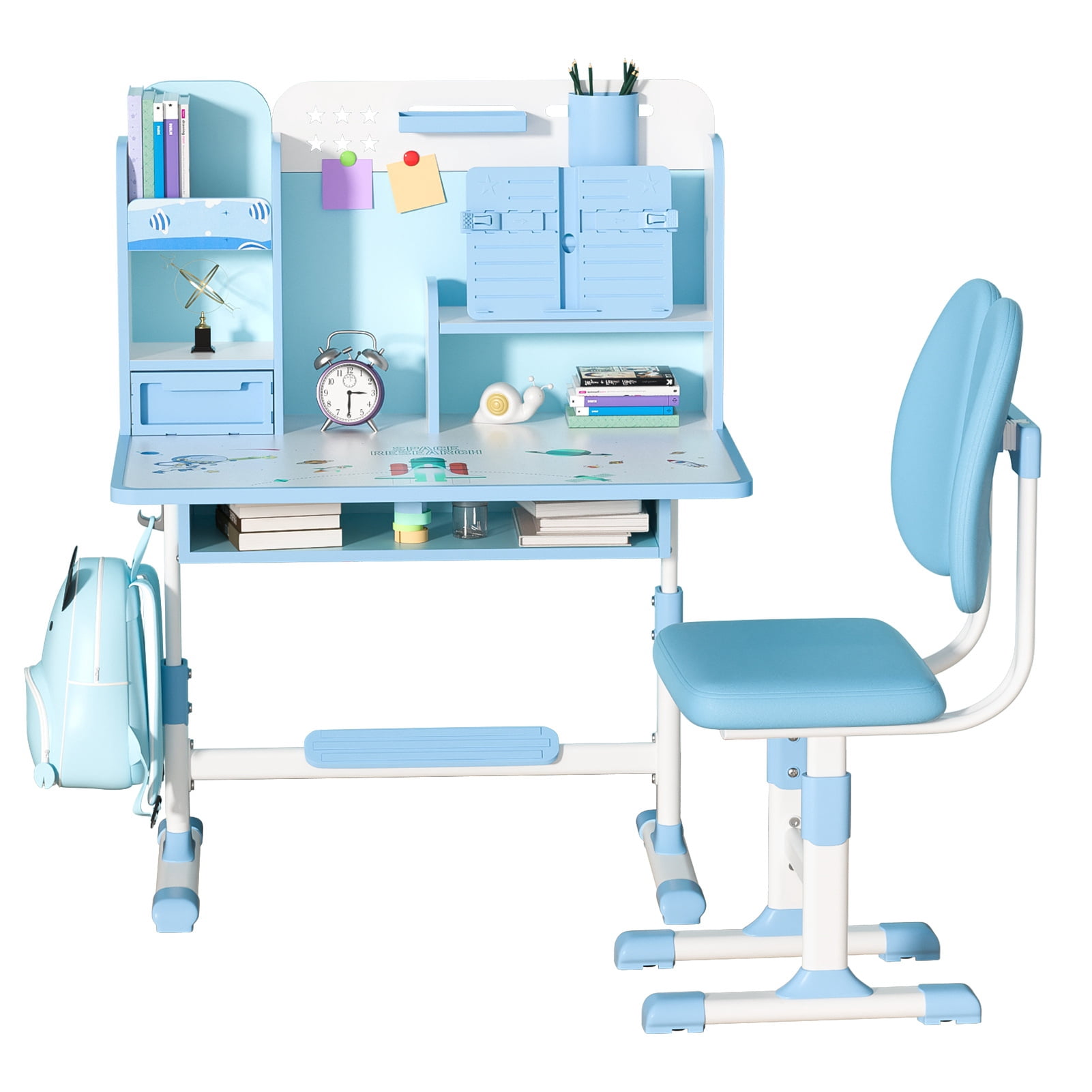 ziertyon 2-Piece Kids Study Desk and Chair Set, Height Adjustable School Table with Ergonomic Design, Book Stand, Foot Pedal, (Blue)