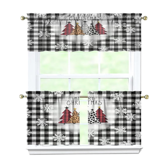 Black and White Checkered Christmas Tree 3-Piece Kitchen Curtains Set Kitchen Curtains Sets with Valance for Windows Rod Pocket Machine Washable Kitchen Decor Decorations (54"x18" 2x27.5"x24")