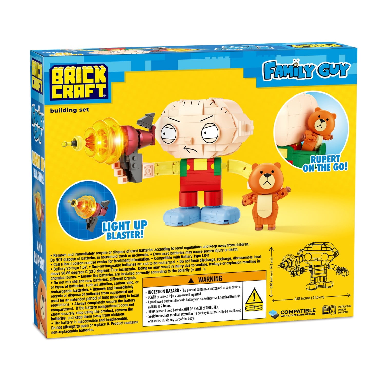 Brickcraft Family Guy Stewie Building Kit with Light-Up Laser Blaster, Indoor Play