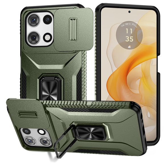 Military Grade Phone Case compatible with Motorola Moto Edge 2024, Sliding Camera Lens Cover, HD Screen Protector, 360 Rotating Ring Kickstand, Shockproof Protective Cover, Army