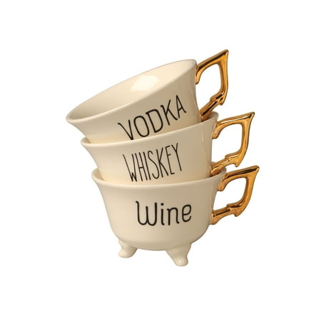 Creative Co-op Wine & Spirits Footed Cups Set - 6 Tea Cups Mugs for Vodka Whiskey Wine Gin Tequila & Bourbon, Stoneware with Golden Handles, 6 (10 Best Tequila Brands)