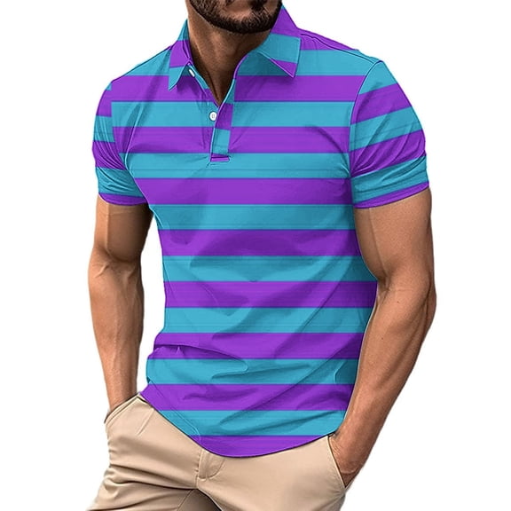 Short Sleeve Golf Shirts for Men Pullover Button Collared T-Shirts Mens Casual Stripe Printed Breathable Basic Lapel Athletic Workout Tees Tops