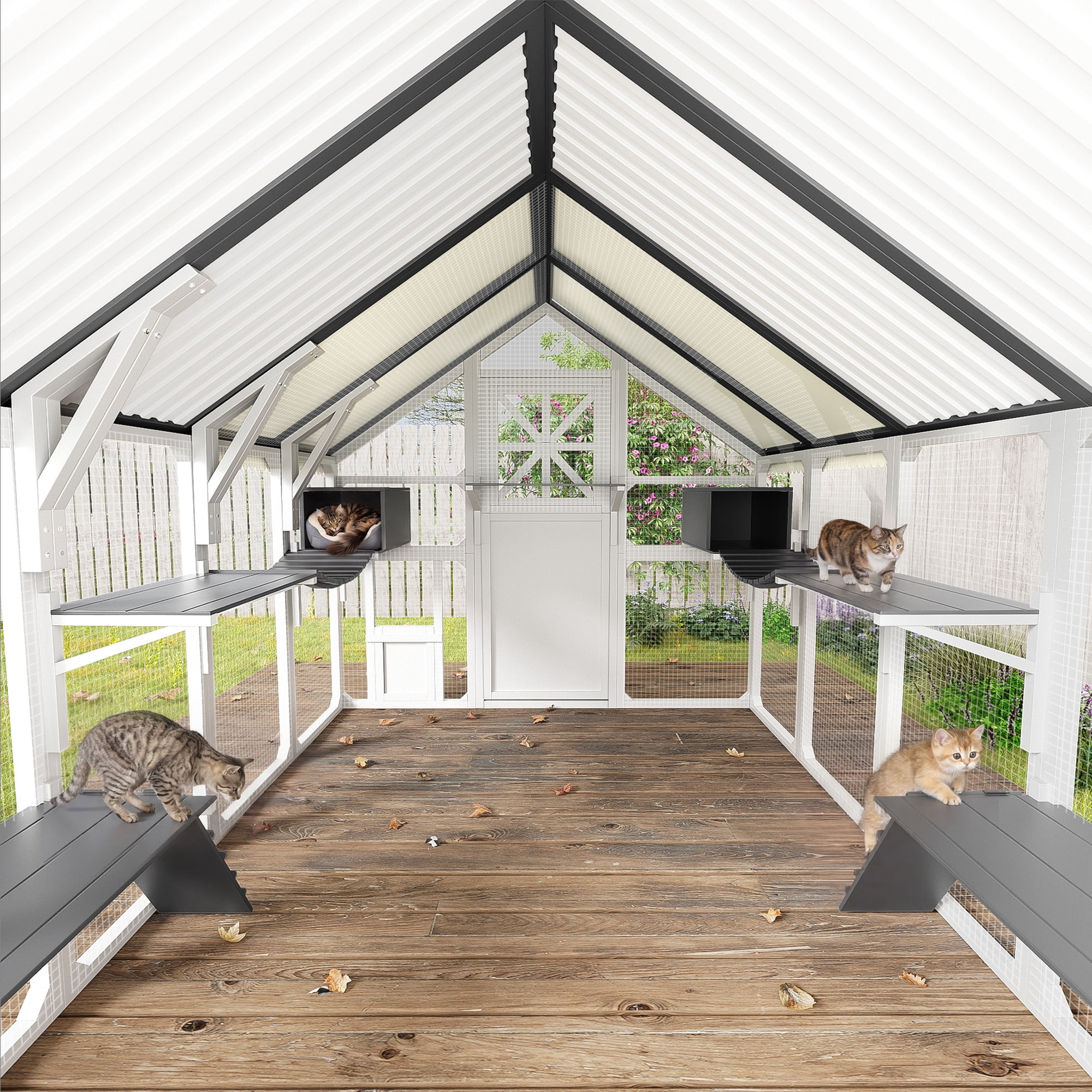95" Outdoor Large Catio, Cat Enclosure for Multiple Cats, Walk-in Outdoor Cat House with 8 Platforms, 2 Resting Boxes, 1 Bridges & 1 Weatherproof Cover, White