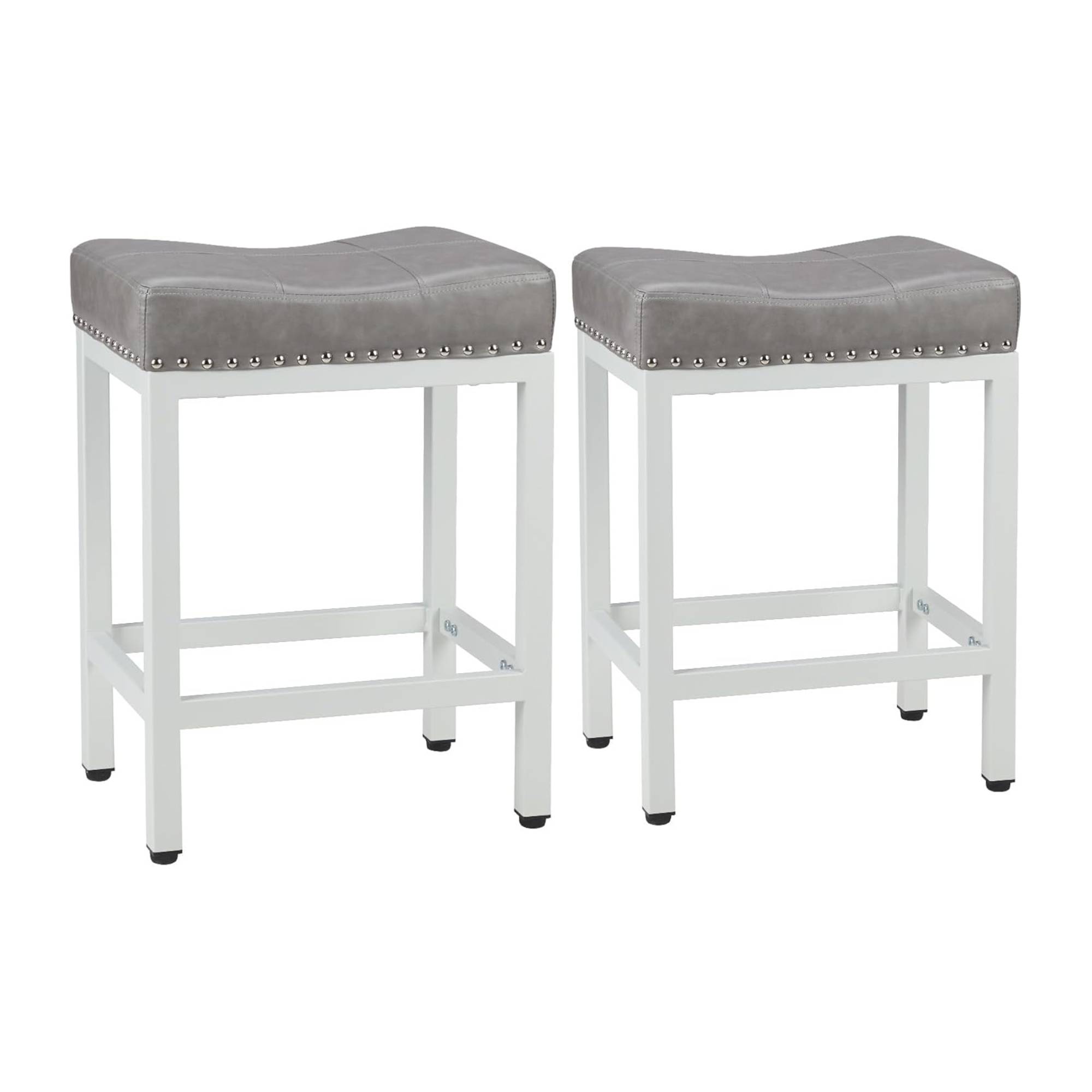 24 inch Saddle Bar Stools Set of 2 Leather Counter Height Bar Stools for Kitchen Island PU Sadless Stools Chair with Metal Footrest, Grey