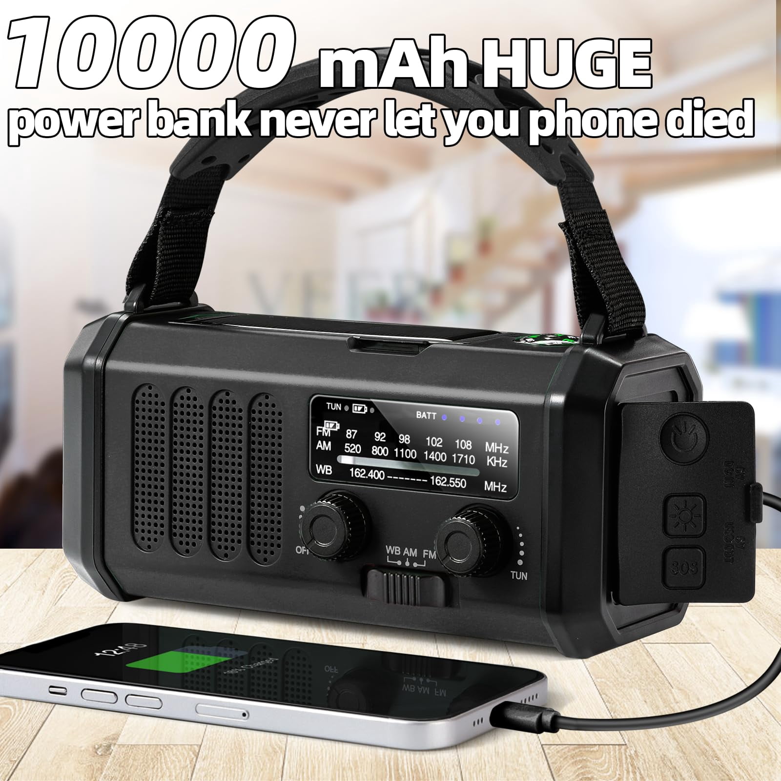 Hand Crank Emergency Radio 37000mwh Solar Portable Noaa Am Fm Weather With 3mode Flashlight And Reading Light Cell Phone Home Distress Signal (black)