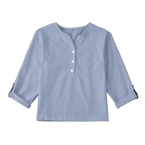 Big Kid Linen Shirts For Girl 3/ 4 Sleeve V Neck Blouses Buttons Loose Fit T Shirts Solid Color Summer Holiday Tops Junior Girls Crop Tops Girls Cut Out Top Neon Crop Top Teal Lace 13-14 Years Blue
