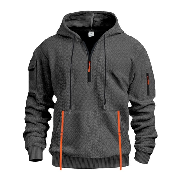 Dolkfu Sudaderas con capucha para hombres de media cremallera, sudaderas largas de deporte de color sólido con diseño de jacquard. XXL