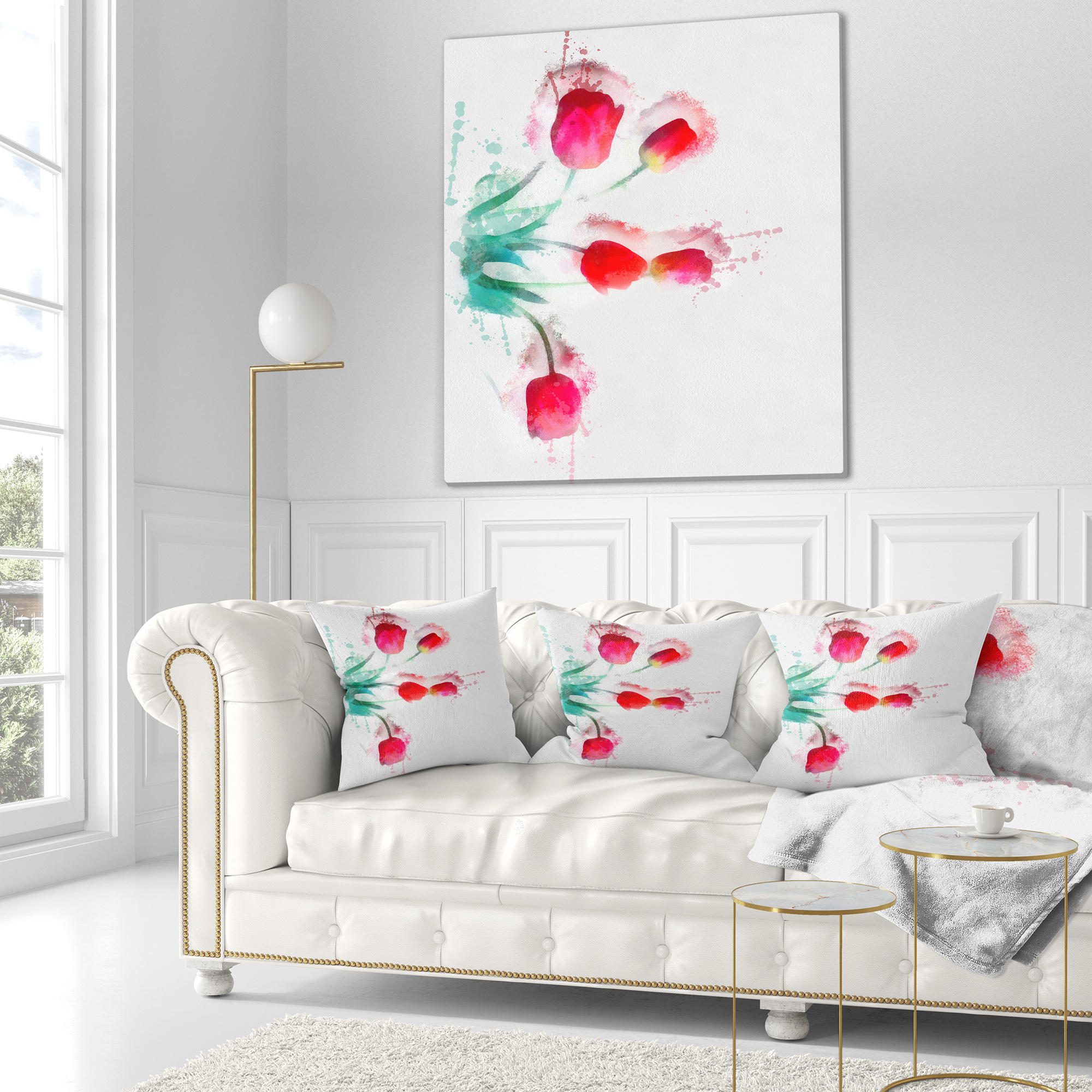 Designart Bunch of Red Tulips Watercolor - Floral Throw Pillow - 16x16