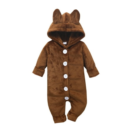 

Baby Girls Boys Hooded Long-sleeved Rompers Warm Fleece Jumpsuit with Buttons One Piece Autumn Winter Outfit