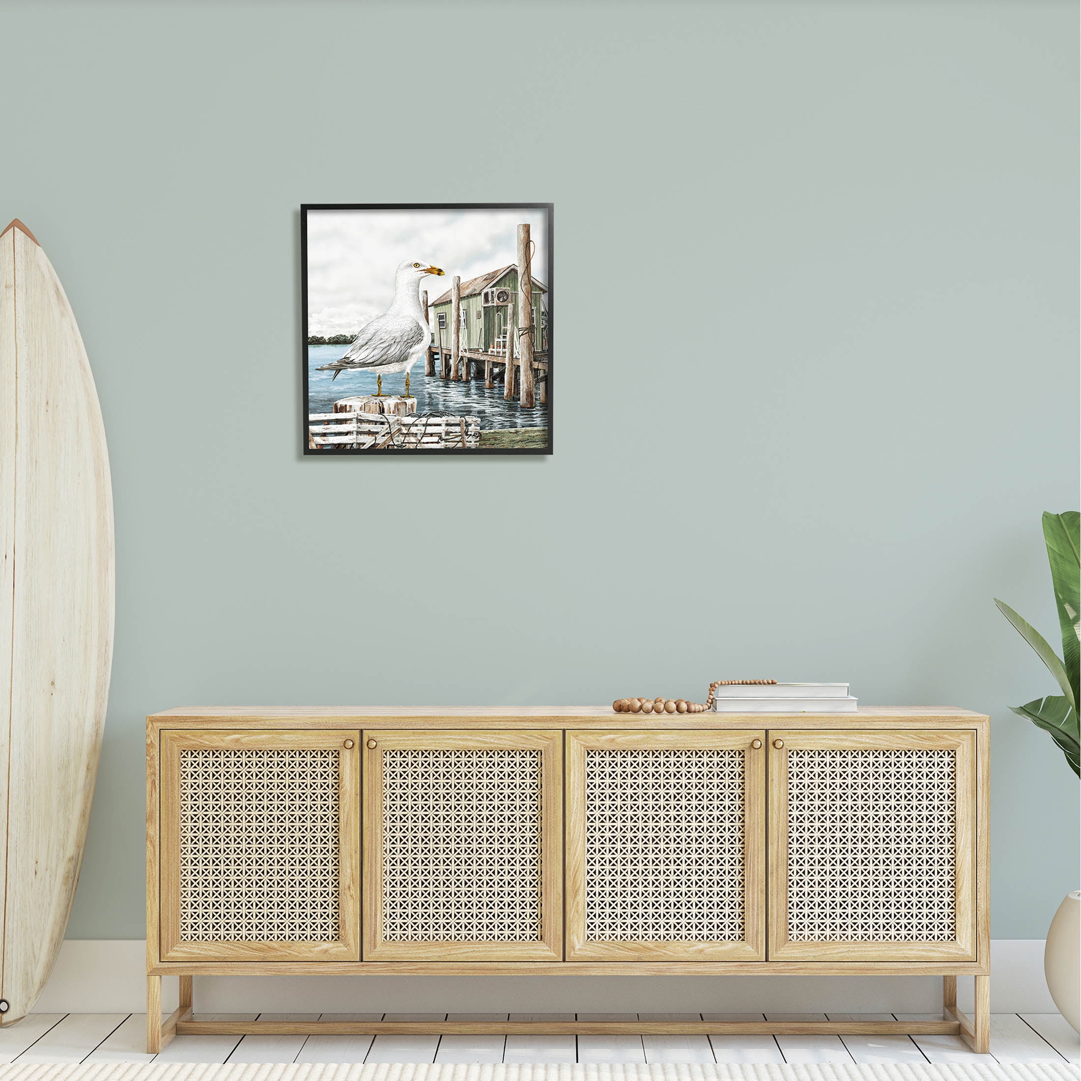 Coastal Seagull Perched Dock Marina Animals & Insects Painting Black Framed Art Print Wall Art