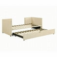 thumbnail image 3 of Twin Size upholstered platform bed frame with pop-up trundle, no box spring, beige for guest room, 3 of 15