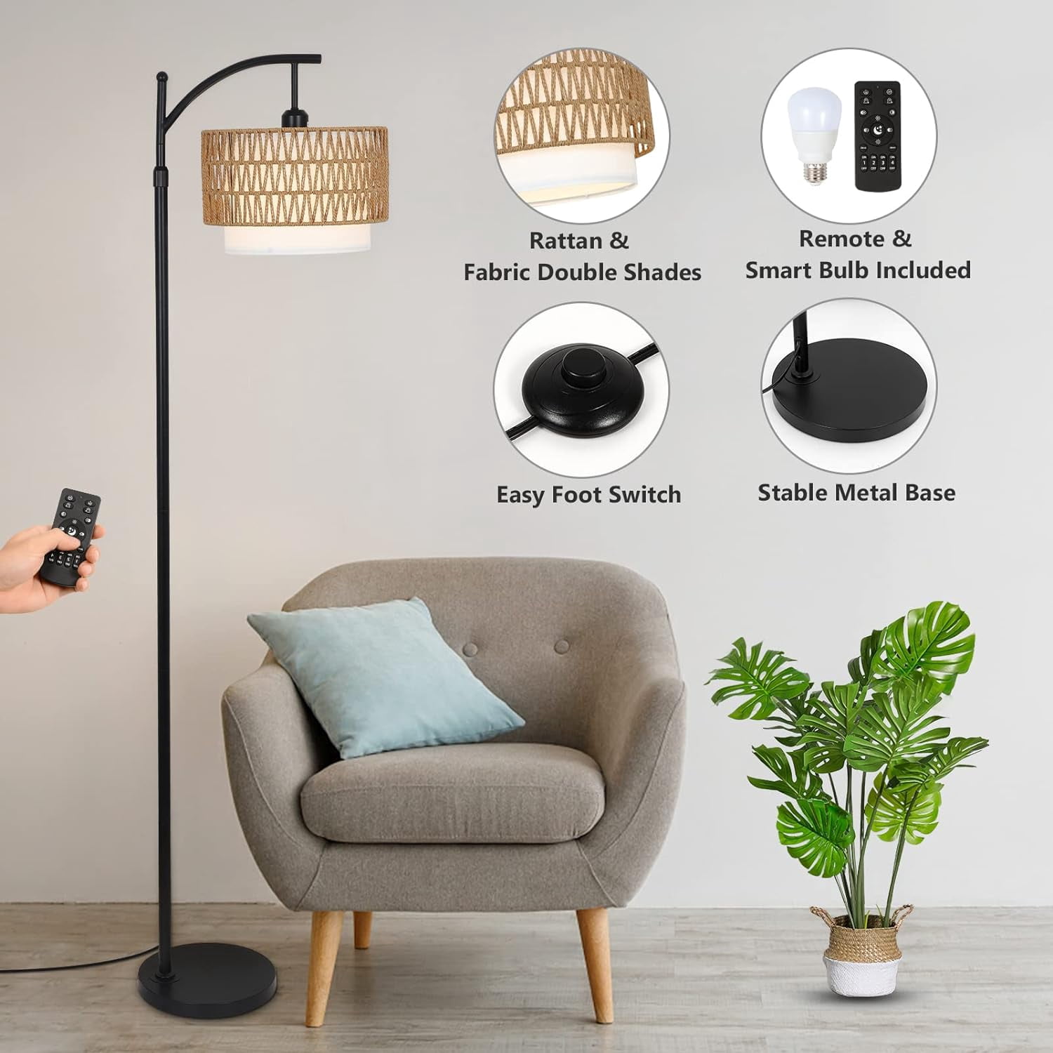 Arc Floor Lamp with Rattan and Fabric Shades, Dimmable, Remote Control, Adjustable Height