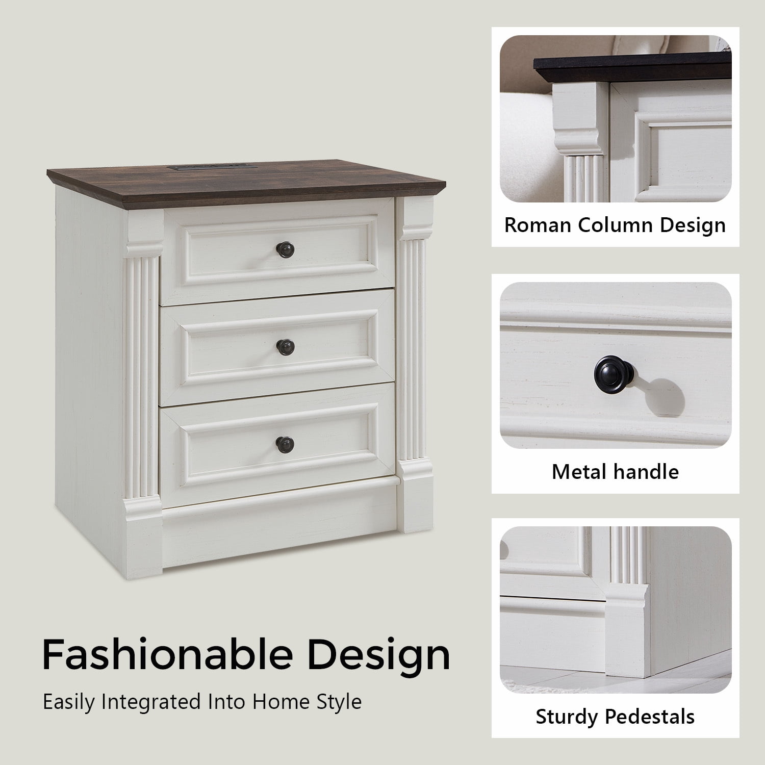 wow97e Farmhouse 3-Drawer Nightstand with Charging Station, Wood End Table with Roman Column for Bedroom, White
