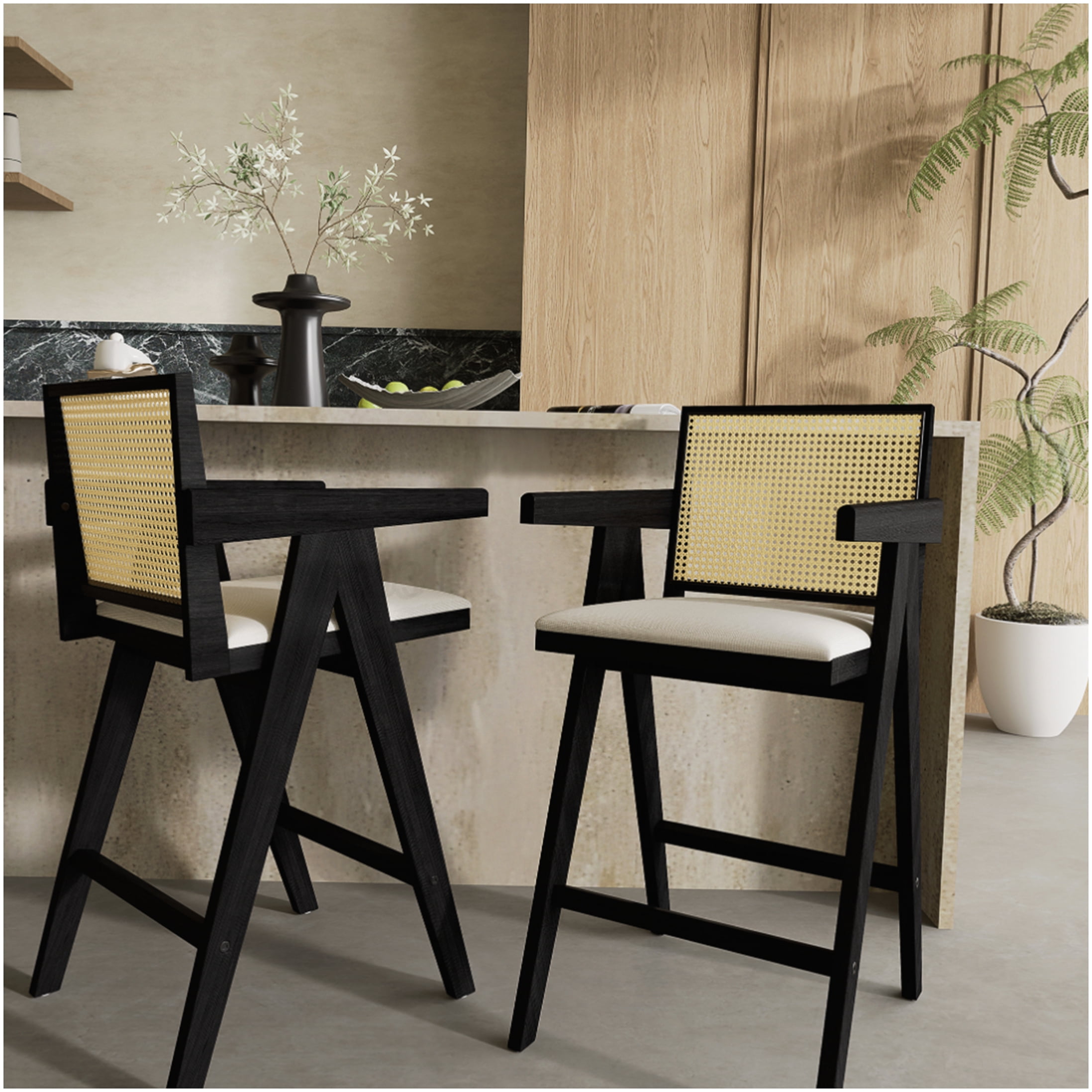 27 Inch Height Bar Stool Set of 2, Cream Grey Fabric Seat with Woven Plastic Cane Back and Rubberwood Legs