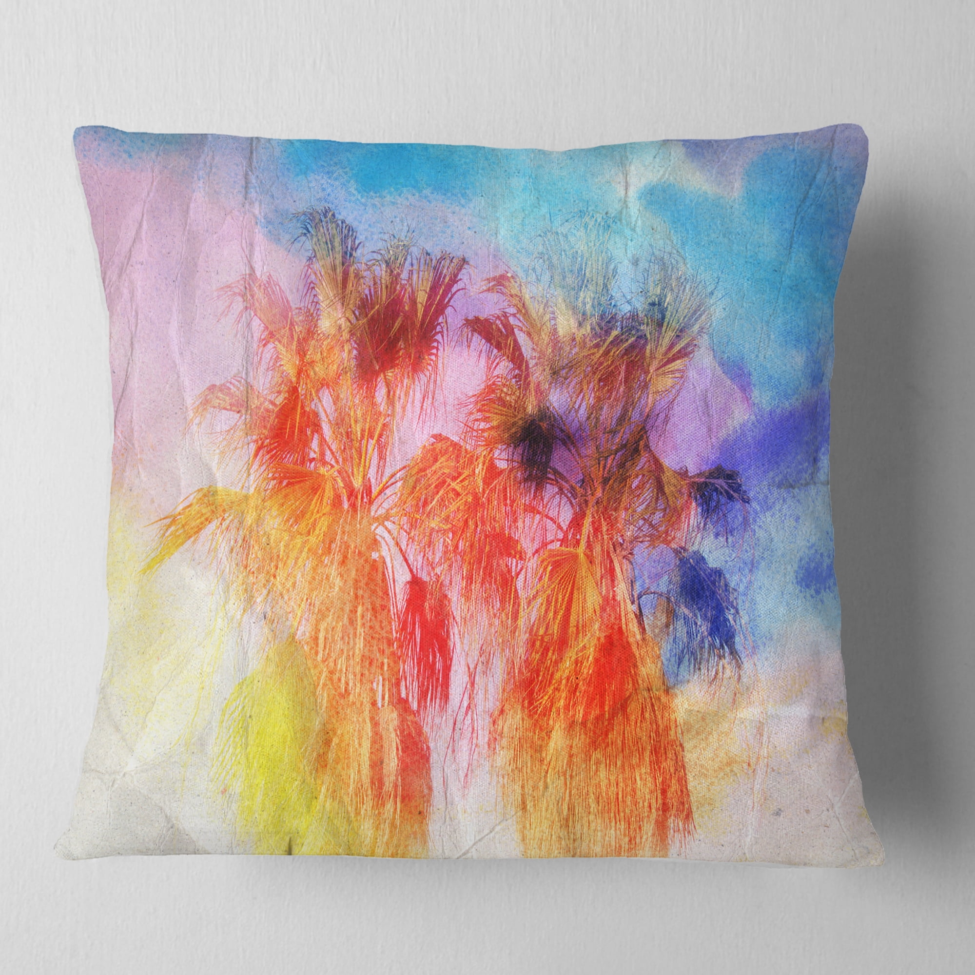 Designart Colorful Retro Palm Trees - Landscape Painting Throw Pillow - 18x18