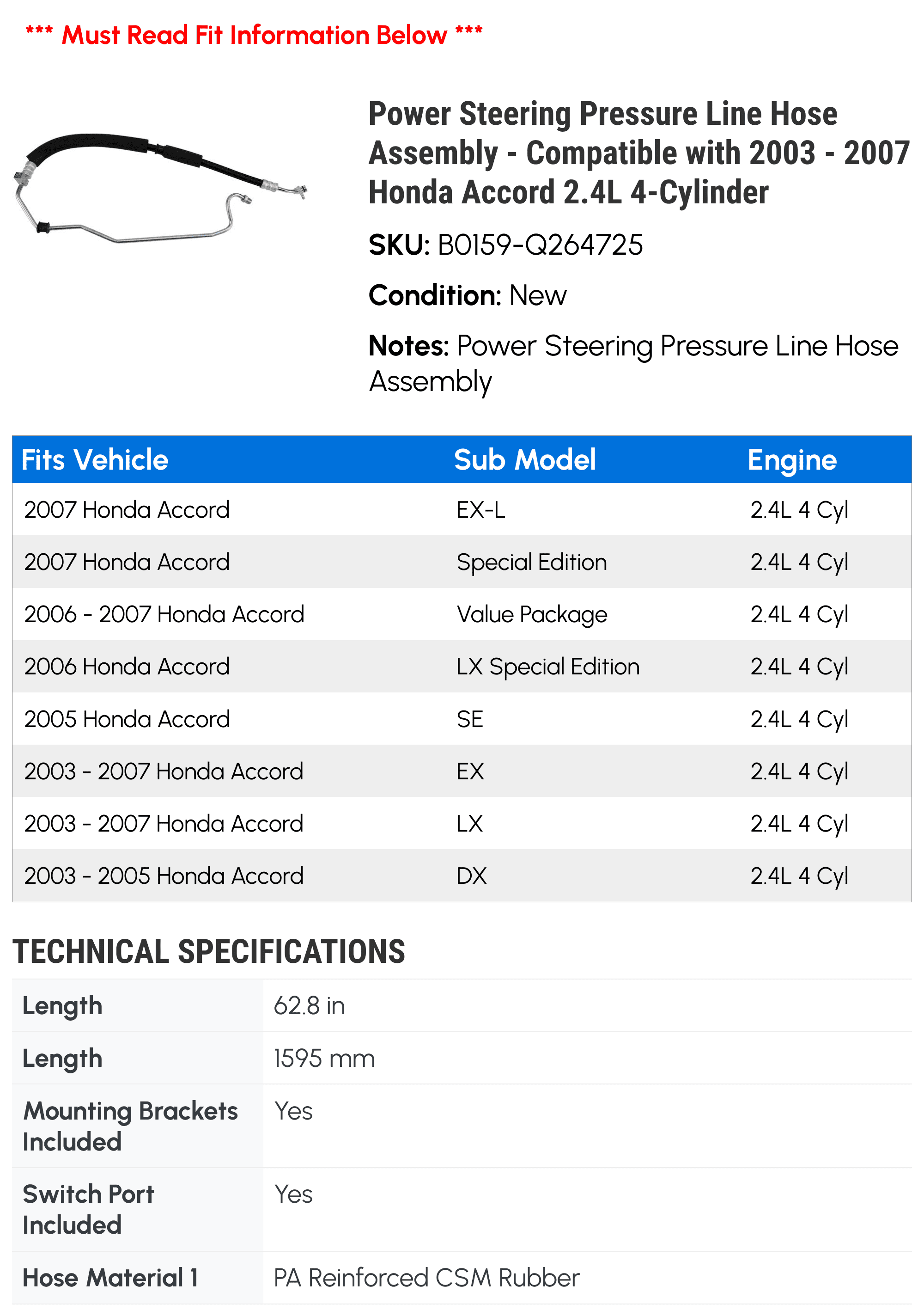 Power Steering Pressure Line Hose Assembly - Compatible with 2003 - 2007 Honda Accord 2.4L 4-Cylinder 2004 2005 2006