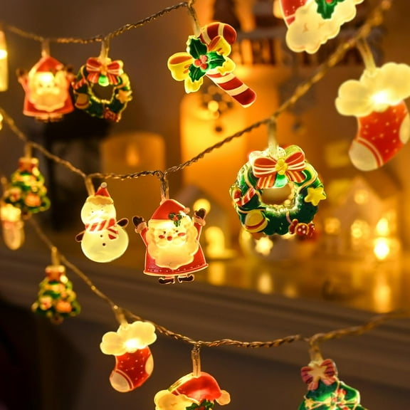 Christmas Fairy String Lights, 20 LED Xmas Warm White Lights Hanging Decors with Santa Claus Wreath Tree Snowman Candy Cane Hat Stockings Battery Operated Indoor Window Lights for Party Home