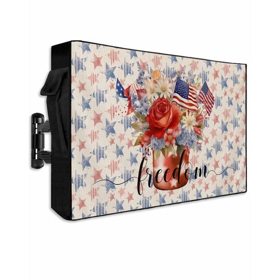 4th of July Blue Red Outdoor TV Cover 30 to 32 Inch Weatherproof, Star Watercolor Floral American Flag 600D Oxford TV Covers with Waterproof Zipper, Outside Flat TV Screen Protector 30"Wx19"Hx4.5"D