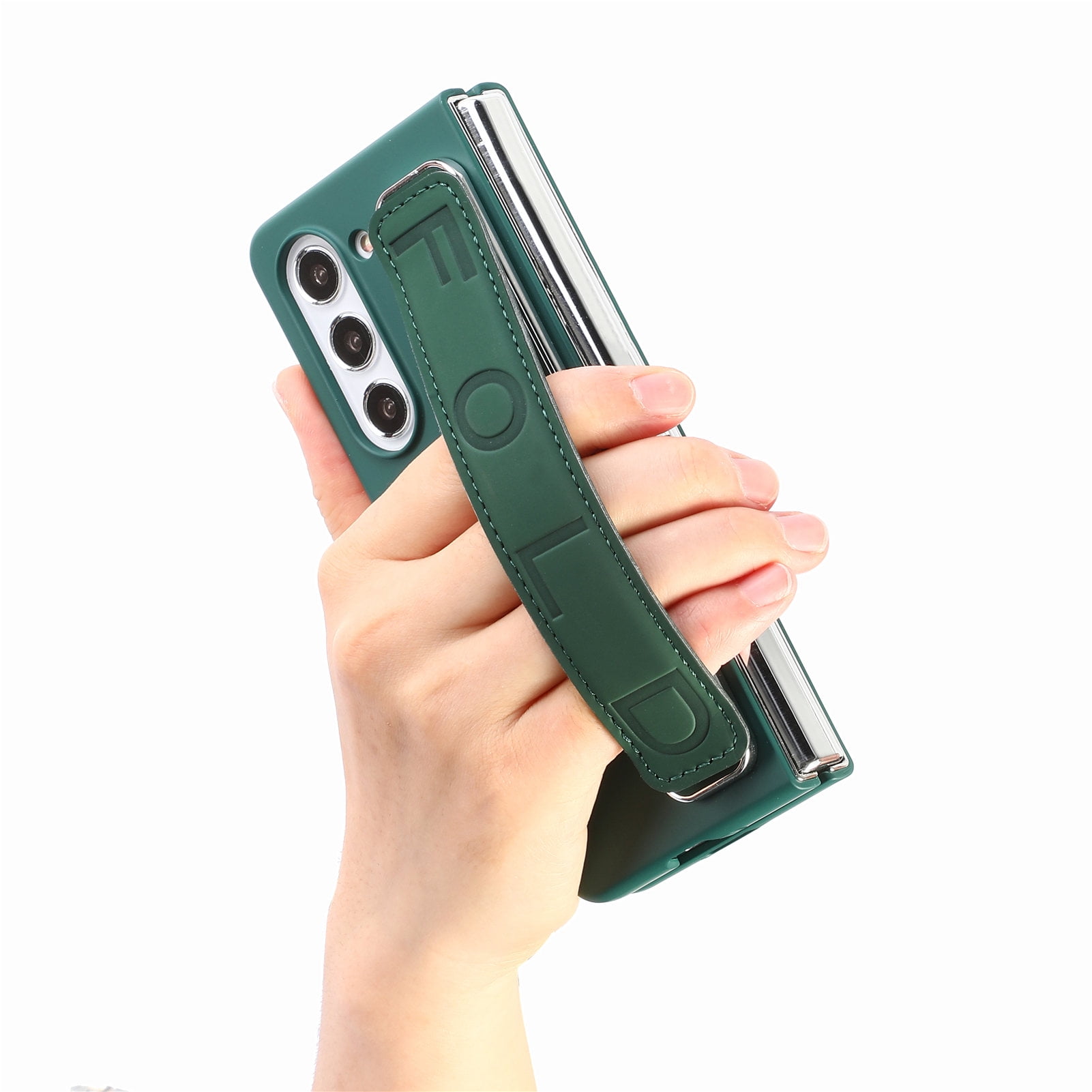 for Samsung Galaxy Z Fold 5 Case with Strap, [Non Slip Silicone Touch] Slim Protective Phone Case with Elastic Finger Wristband, Shockproof PC Cover for Samsung Galaxy Z Fold 5 2023 - Dark Green