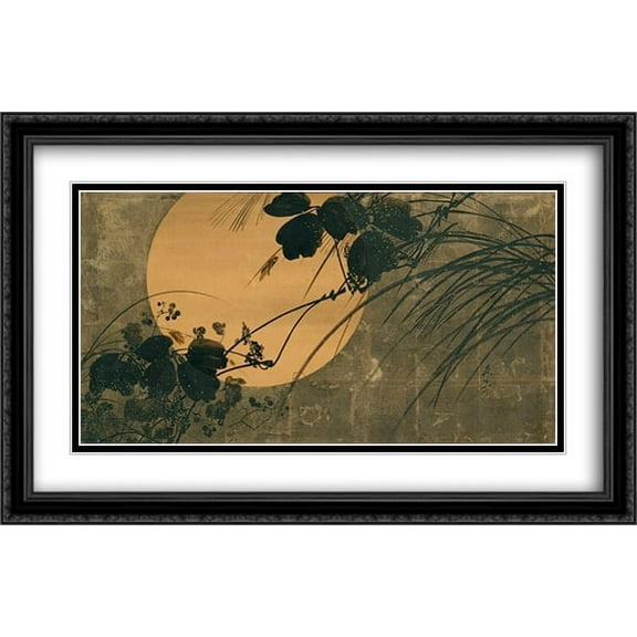Autumn Grasses in Moonlight 2x Matted 40x26 Large Black Ornate Framed Art Print by Shibata Zeshin