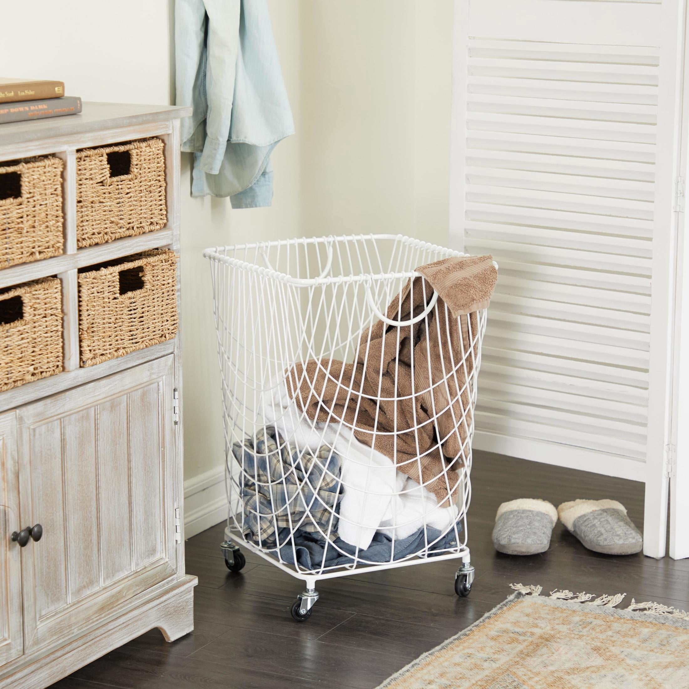 DecMode Industrial White Metal Rolling Laundry Basket, 17"W x 24"H