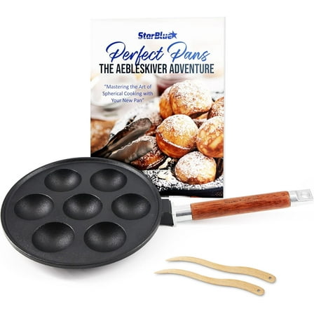 StarBlue 7-Hole Cast Iron Aebleskiver Pan Detachable Wooden Handle, Pre-Seasoned, Aebleskiver Sticks and Recipe Book Included