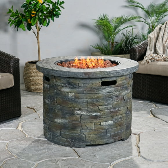 Propane Fire Pit Table for Patio and Backyard, 40,000 BTU Round Fire Pit with Stone Surface, Lava Rocks Included for Outdoor Ambiance, Deck-Safe Design, Stone Gray