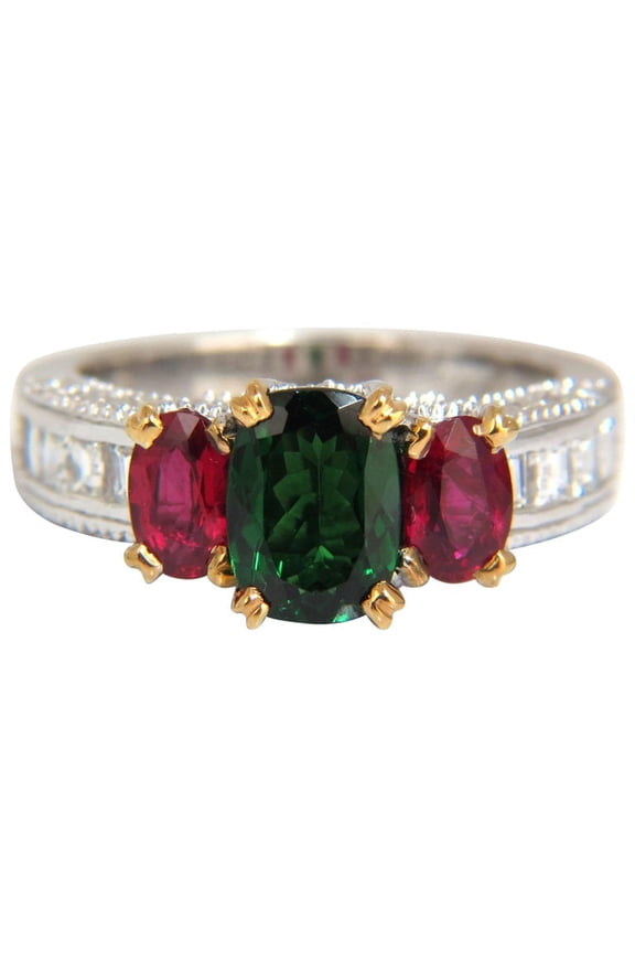 3.46ct natural vivid green tsavorite ruby diamonds ring 14kt three stone class