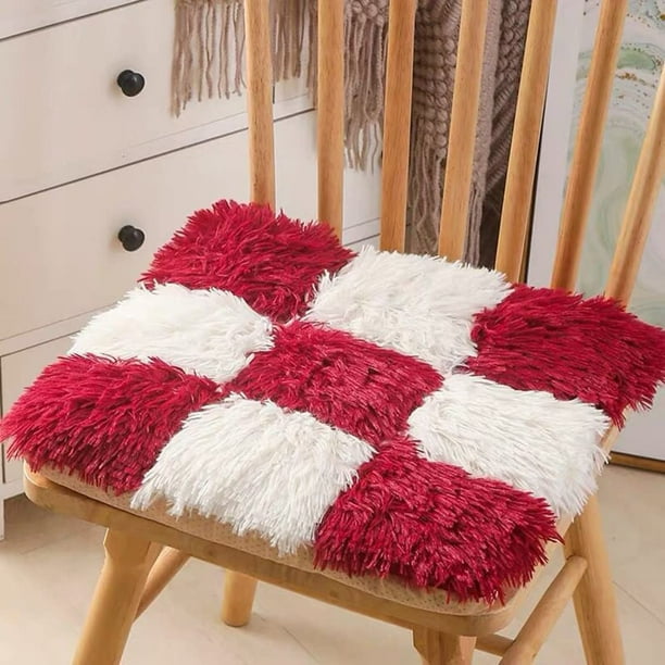 Nvzi Cojín de silla cuadrado suave con lazos, cojín de asiento de piel sintética a cuadros con funda extraíble, cojín largo de felpa para sillas de comedor de interior (rojo, 16" x 16")