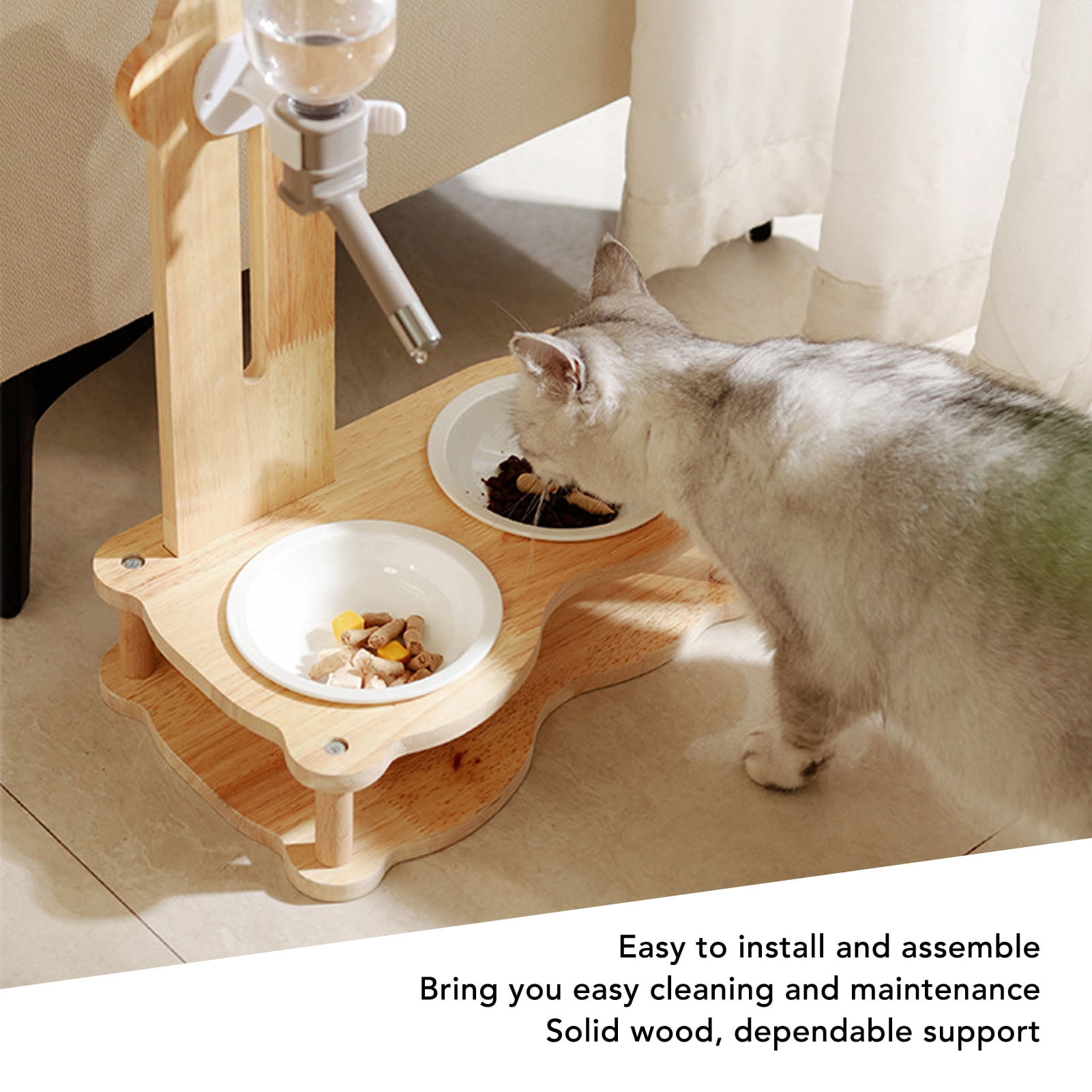 LAZIOEGR Wood Raised Cat Food Bowls Multifunctional 2-in-1 Automatic Cat Water Feeder and Food Bowl Set with Elevated Stand Gravity Water Dispenser for Dogs and Pets (15.75 inches / 40 cm)