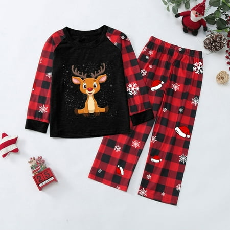 

ERTUTUYI Family Matching Christmas Pajamas Set Plaid Sleeves Pattern Print Holiday Festival For Kids Parent Child Outfit Black 130