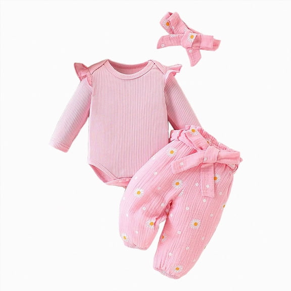 TOWED22 Newborn Baby Girl Outfits Long Sleeve Solid Color Romper Pants Headband Fall Winter Clothes 3Pcs,0-3 M