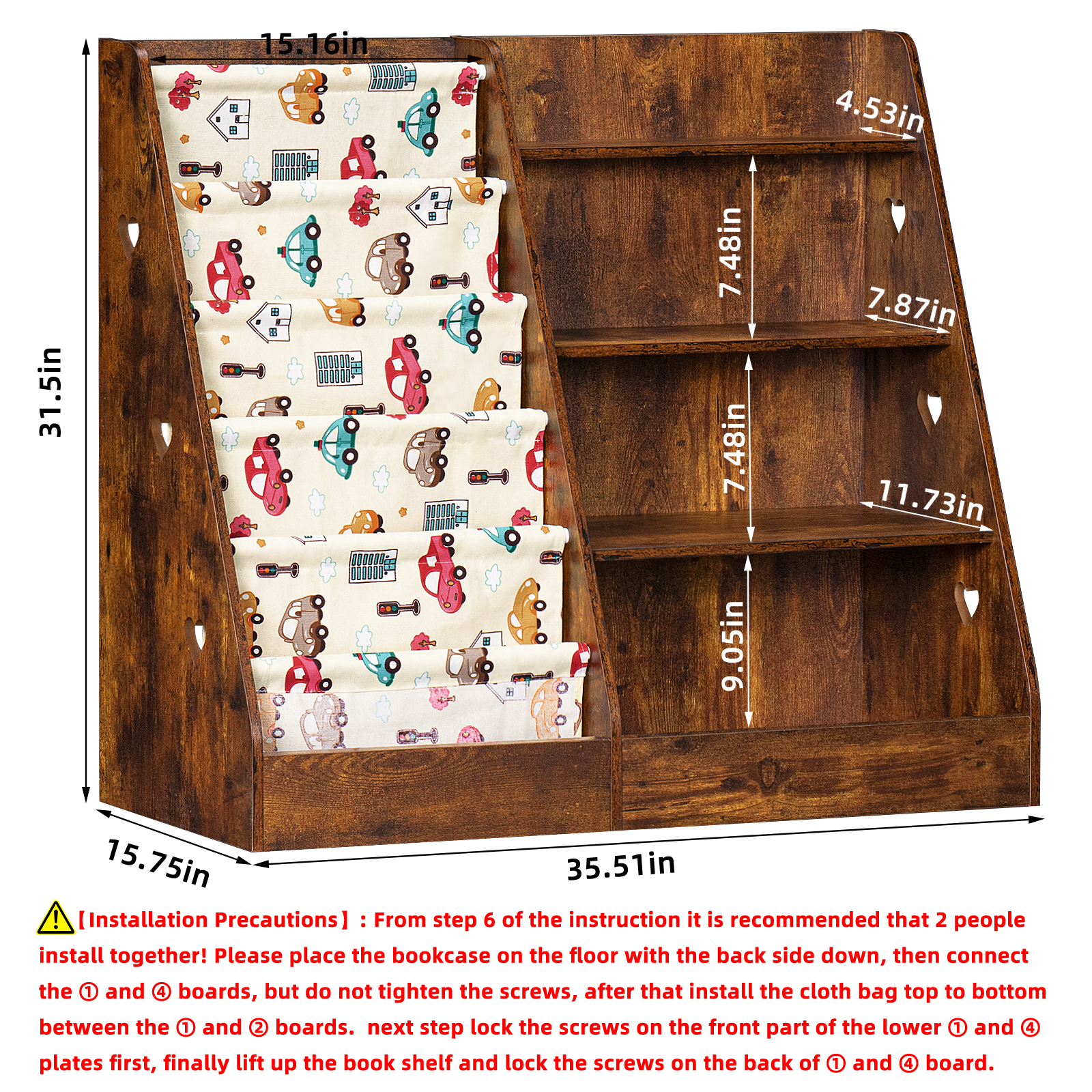 LELELINKY 35.5" Kids Bookcase Toy Storage Organizer with 5 Layer Sling, 4-Tiers Wood Toy Bookshelf for Kids Room, Brown
