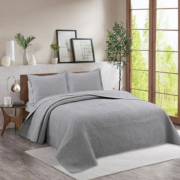 NAMZI 100% Cotton Grey King Quilts and Bedspreads, Comfortable Quilted Bedspread and Comforters Quilt Set for All Seasons 98x106 Inch（E）