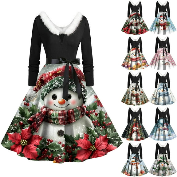 Christmas Print Flare Dress for Women Long Sleeve Dress Hollow Party Casual Dresses, Christmas Gifts Women Idea for Holiday Fall and Winter Parties,Black,L