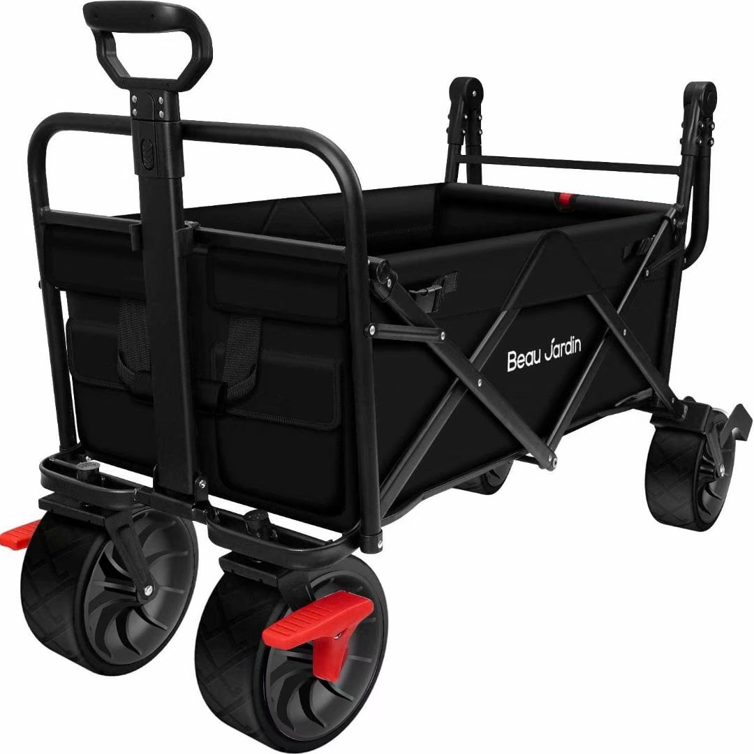 BEAU JARDIN Folding Wagon Cart With Brake Free Standing Collapsible