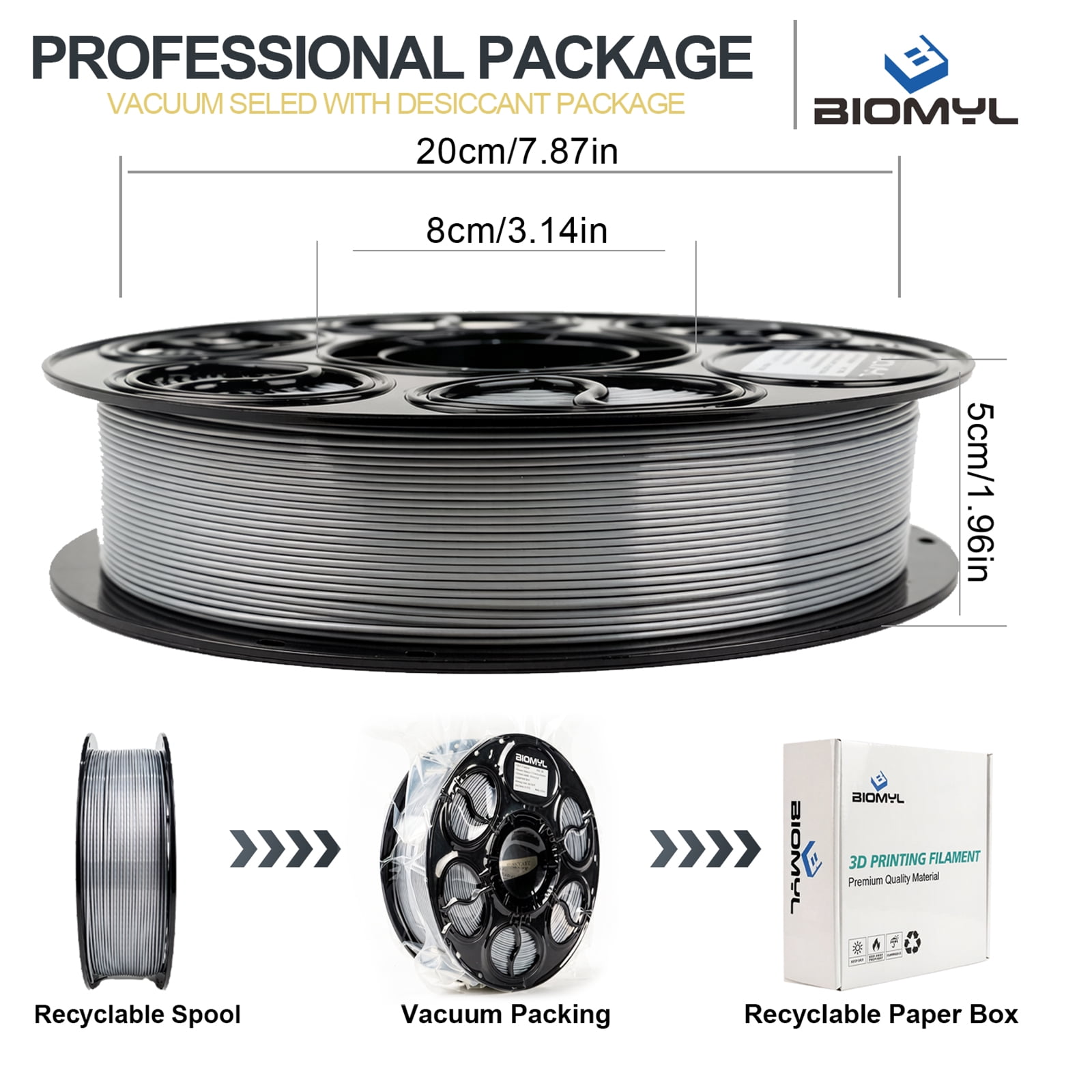BIOMYL PLA 3D Printer Filament, PLA Filament 1.75mm Bright Silver Color Filament Silk PLA, 1kg Spool, Accuracy +/- 0.03mm