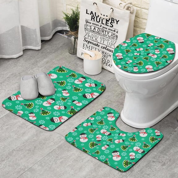 Green Christmas Snowman Pattern Bathroom Rugs Sets 3 Piece,Toilet Cover Set,Absorbent Non Slip Bathroom Mats Sets with U-Shaped Contour Rug Toilet Rug Set