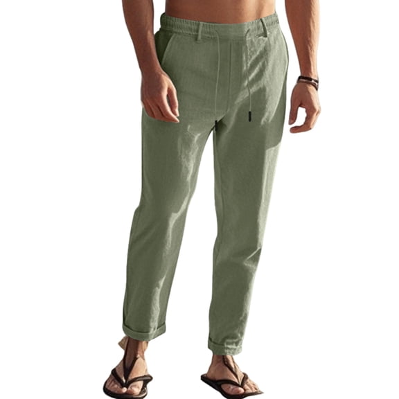 Men's Simple Casual Elastic Waist Drawstring Straight Leg Linen Pants Green S
