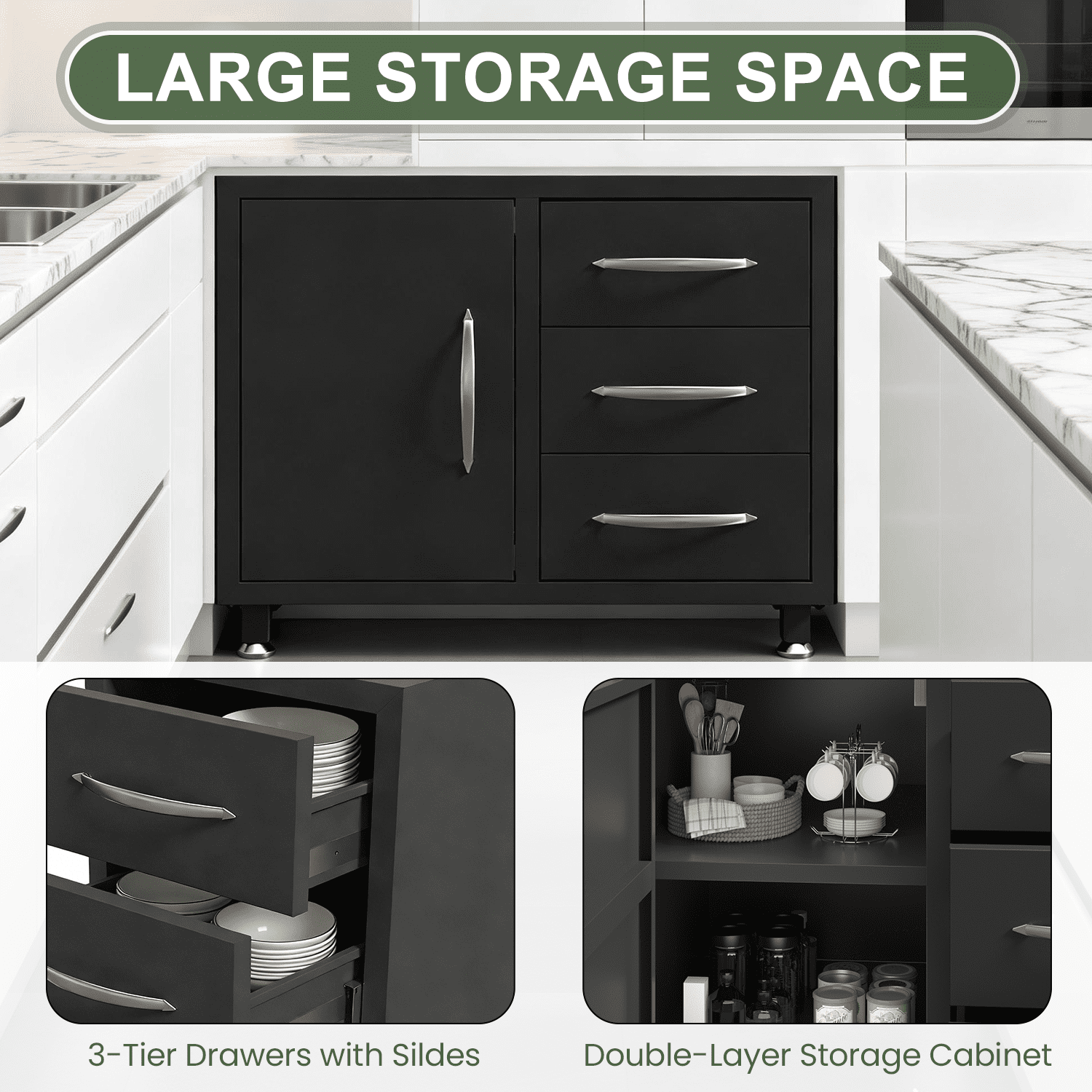 Richryce 5-Piece L Shaped Outdoor Kitchen Island with Sink, Large Storage Cabinet & Shelf, Pull-Out Trash Drawer and Grill Stand for Deck, Patio