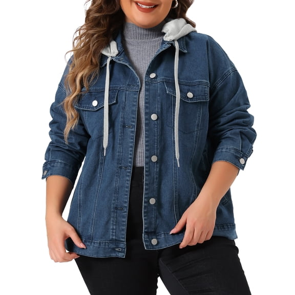 DARING DIVA Women's Plus Size Layered Drawstring Detachable Hoodie Denim Jacket 1X Blue