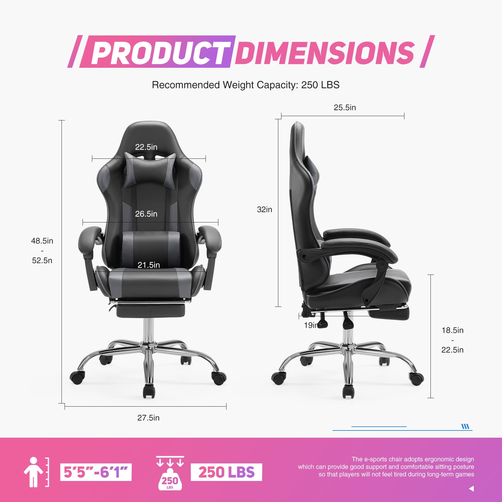 JIOABL Ergonomic Gaming Chair With Headrest And Lumbar Pillow,Height Adjustable With 360°-Swivel Seat,Grey