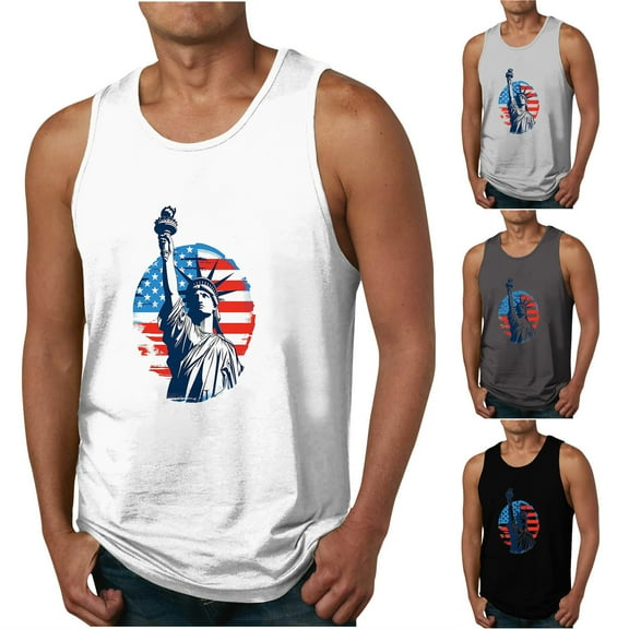 WREESH Summer Fitness Tops for Men Crew Neck Tank Top with Independence Day Print Shirts Black