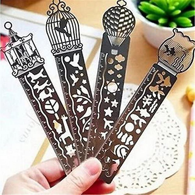 Regla de marcador de metal Juego de 4 Regla recta de metal creativa Marcador Regla ultrafina hueca Papelería para niños de Corea Suministros escolares de oficina ((carrusel