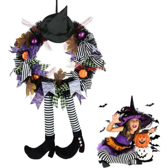 TETOU Halloween Wreaths for Front Door, 27" Witch Wreath Halloween Costumes, Autumn Door Wreath Witch's Hat and Legs Pumpkin Hallowe'en Indoor & Outdoor Wall Decor