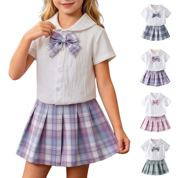 Eltusu Girls Cotton School Uniform Outfit Sets, Pleated Short Sleeve Two Pieces Shirts and Skirts Sets Purple Size 10-12 T