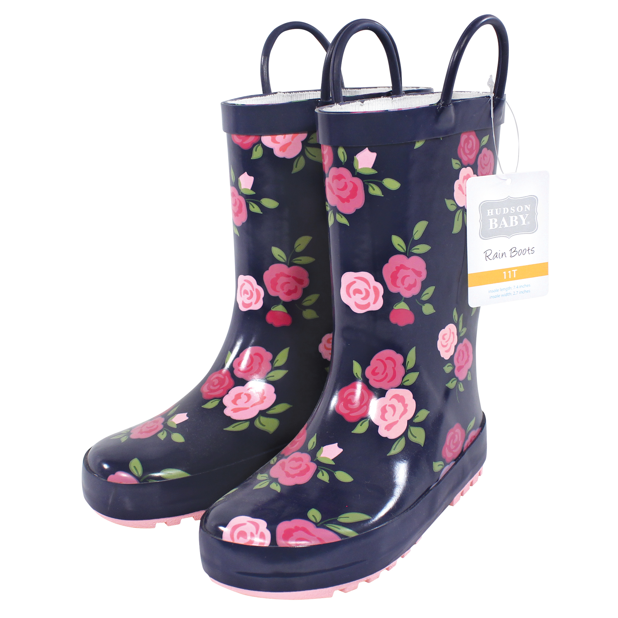 Hudson Baby Girls Rain Boots, Midnight Pink Roses, 8 Toddler