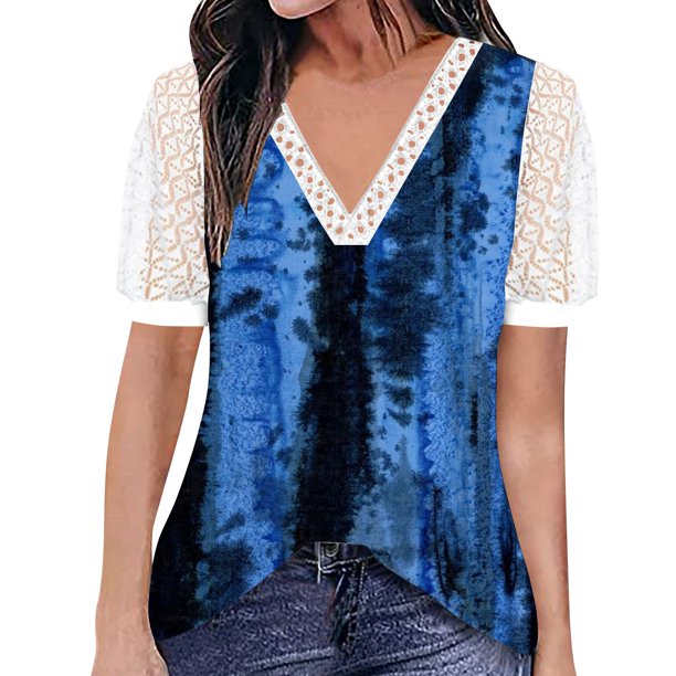 Gibobby Playeras Mujer Camisetas Cuello V Top manga corta con cuello en V encaje informal con estampado moda para mujer(Azul oscuro,G)