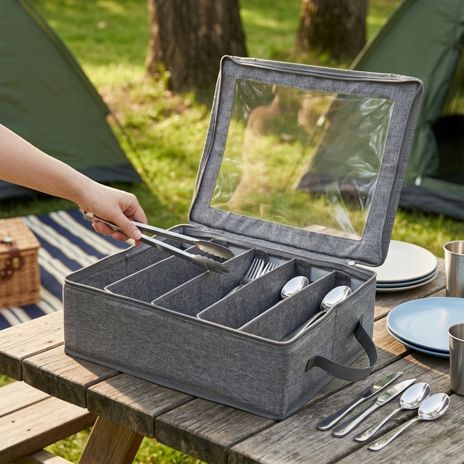 Flatware Organizer with Lid, Fabric Silverware Travel Container with Handles, 5-Compartment Cutlery Holder for RV Camping, Gray