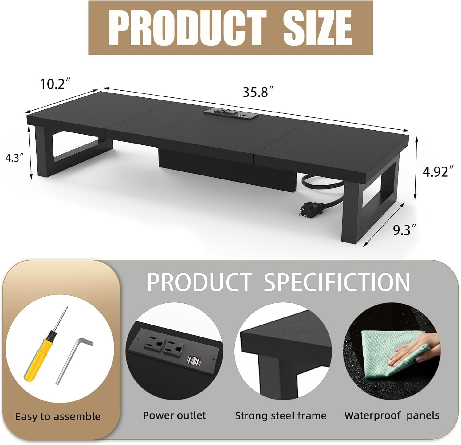 Dual Monitor Stand Riser with Power Outlet for 1-2 Monitors, Heavy Duty Desktop Organizer for Laptop Printer TV